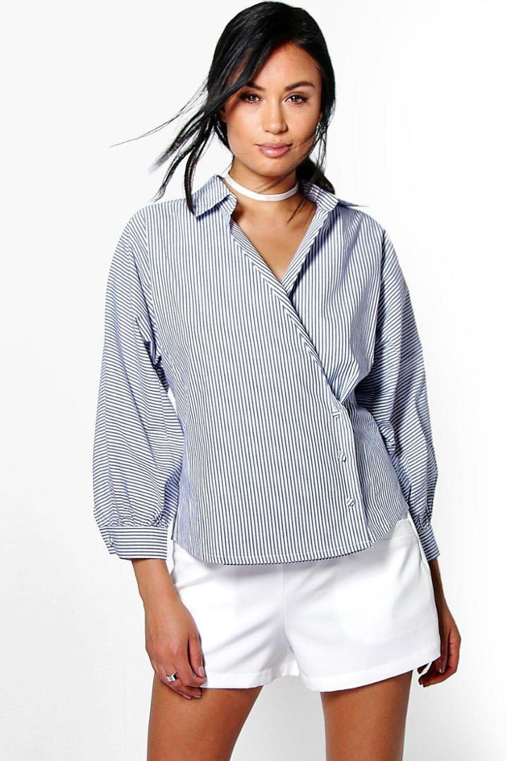 Boohoo Lucy Striped Cotton Wrapover Shirt Blue