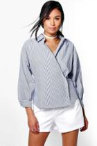 Boohoo Lucy Striped Cotton Wrapover Shirt Blue