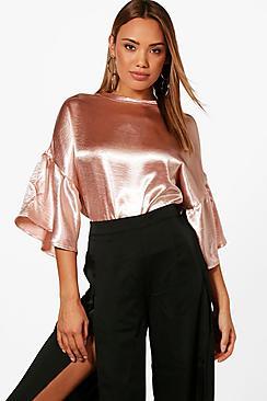 Boohoo Kay Satin Woven Ruffle Top