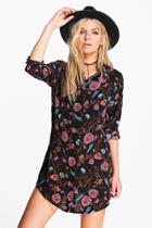Boohoo Alia Long Sleeve Floral Print Shirt Dress Black