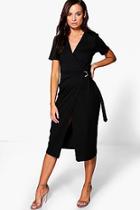 Boohoo Daisy D Ring Tailored Wrap Over Ponte Dress