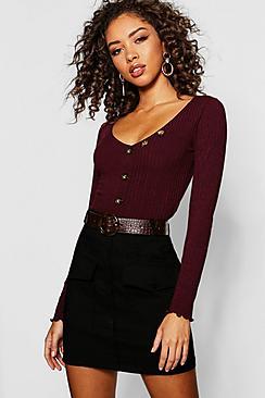 Boohoo Button Detail Long Sleeve Rib Top