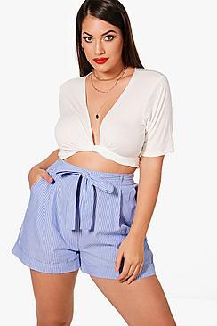 Boohoo Plus Orla Stripe Belted Woven Shorts