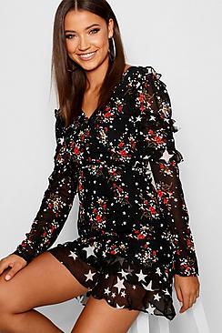 Boohoo Tall Ruffle Detail Mixed Print Mini Dress