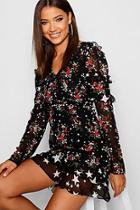 Boohoo Tall Ruffle Detail Mixed Print Mini Dress