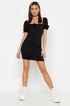 Boohoo Puff Sleeve Rib Square Neck Mini Dress