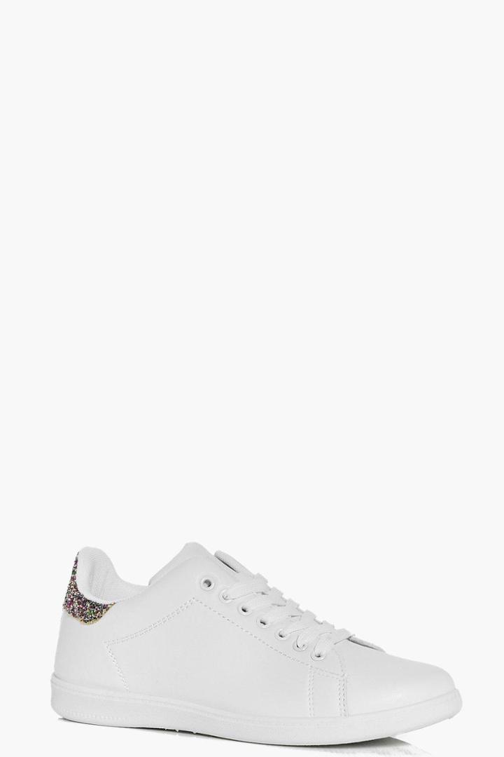 Boohoo Mya Glitter Back Lace Up Trainer White