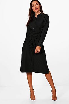 Boohoo Corset Lace Up Waist Midi Shirt Dress
