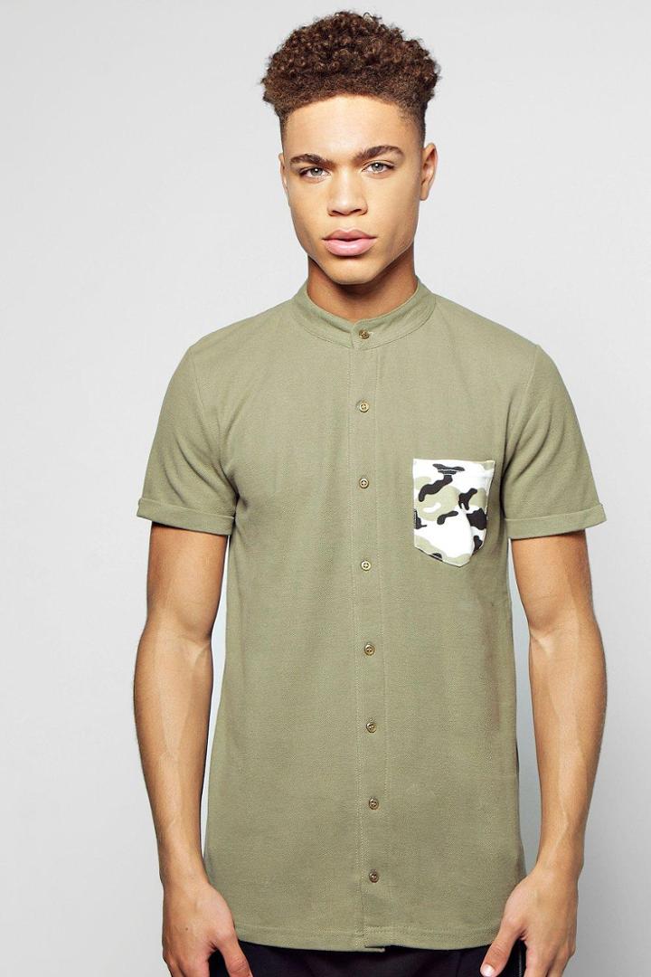 Boohoo Camo Pocket Grandad Shirt Khaki