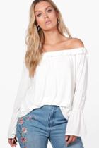 Boohoo Plus Holly Ruffle Flared Sleeve Off The Shoulder Top Ivory