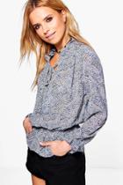 Boohoo Hannah Printed Ruffle Blouse Blue