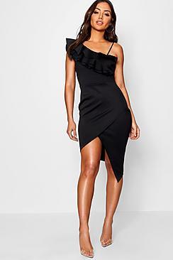 Boohoo Jas Ruffle Deatil Asymmetric Midi Dress