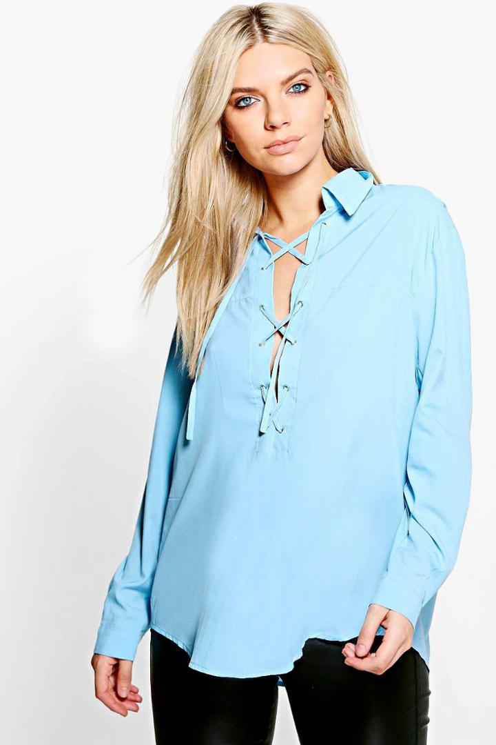 Boohoo Freya Lace Up Shirt Denim-blue