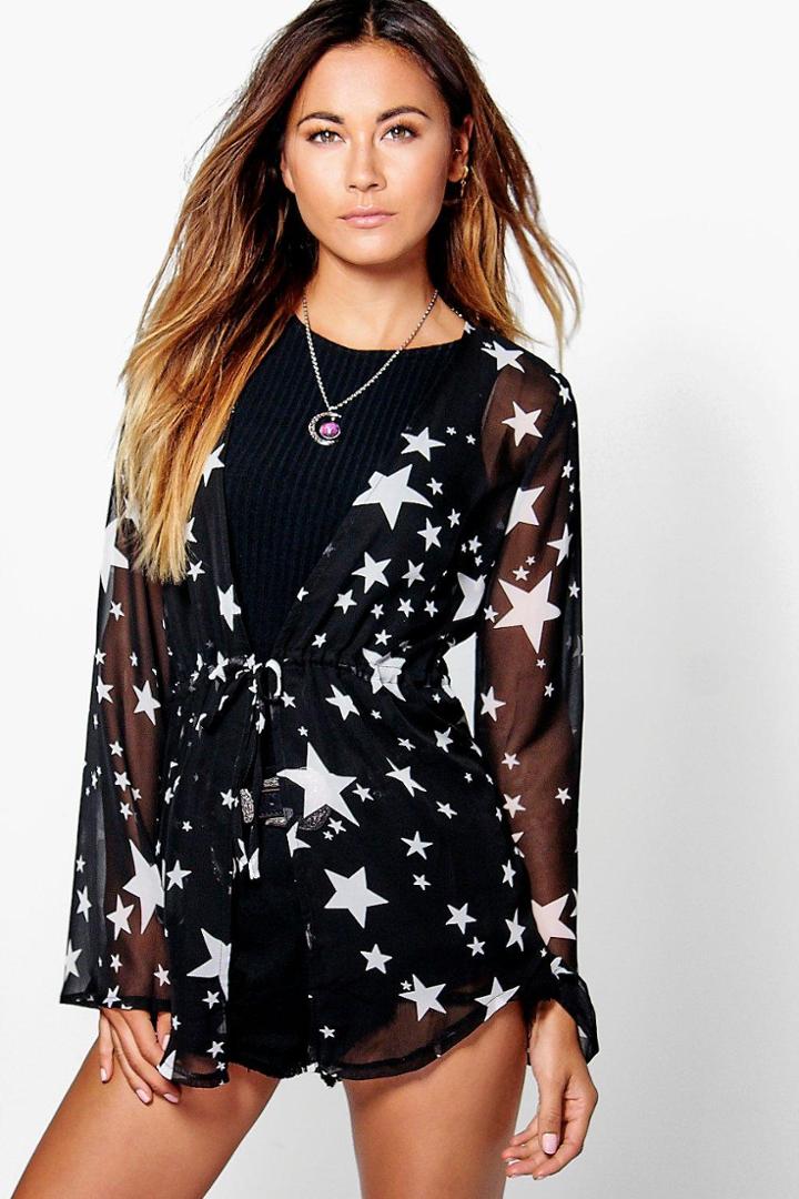 Boohoo Yazz Tie Waist Star Print Blouse Black