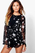 Boohoo Yazz Tie Waist Star Print Blouse Black