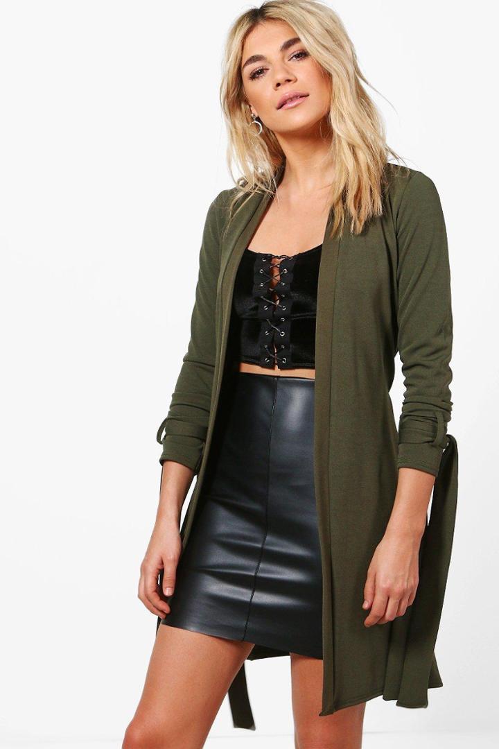 Boohoo Freya Tie Sleeve Belted Duster Khaki