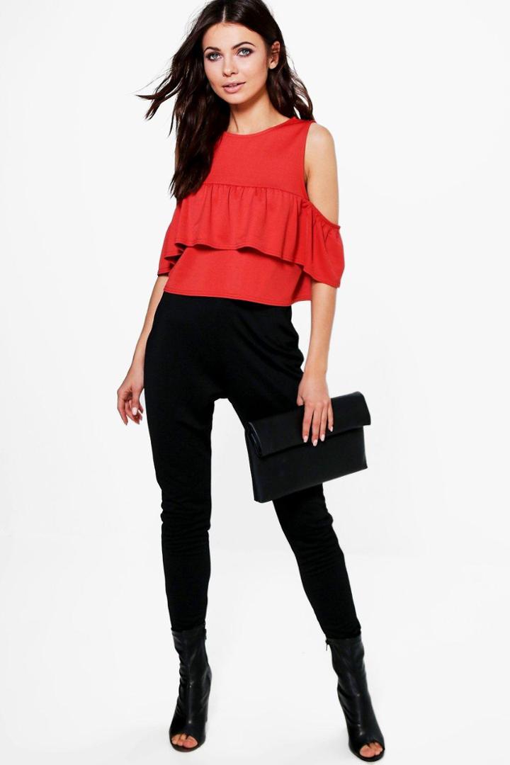 Boohoo Lily Frill Top & Trouser Co-ord Set Rust
