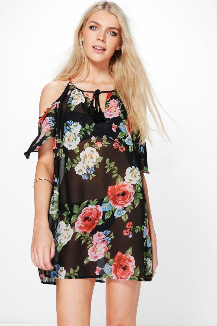 Boohoo Aimee Dark Floral Cold Shoulder Beach Dress Black