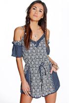 Boohoo Lana Leaf Print Open Shoulder Playsuit Blue