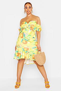 Boohoo Plus Lemon Printed Bardot Ruffle Midi Dress