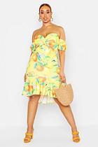 Boohoo Plus Lemon Printed Bardot Ruffle Midi Dress