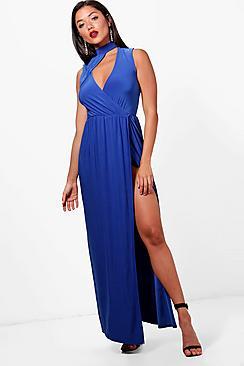 Boohoo Choker One Shoulder Split Leg Maxi Dress