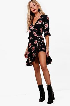 Boohoo Mia Floral Asymmetric Wrap Front Tea Dress