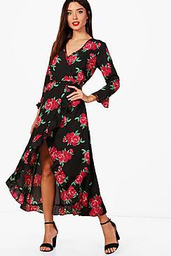 Boohoo Charlotte Floral Midi Wrap Front Tea Dress