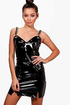 Boohoo Kelly Vinyl Chain Strap Detail Bodycon Dress
