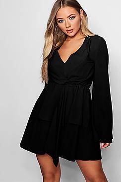 Boohoo Wide Sleeve Knot Front Hanky Hem Skater Dress