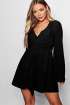 Boohoo Wide Sleeve Knot Front Hanky Hem Skater Dress