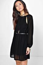 Boohoo Claire Cut Out Sleeve Chiffon Skater Dress Black