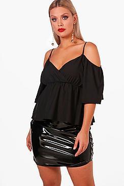 Boohoo Plus Sian Drape Front Cold Shoulder Blouse