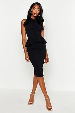 Boohoo High Neck Ruched Peplum Midi Dress