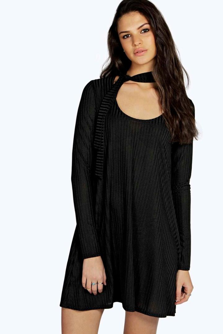 Boohoo Tara Tie Neck Slinky Rib Swing Dress Black