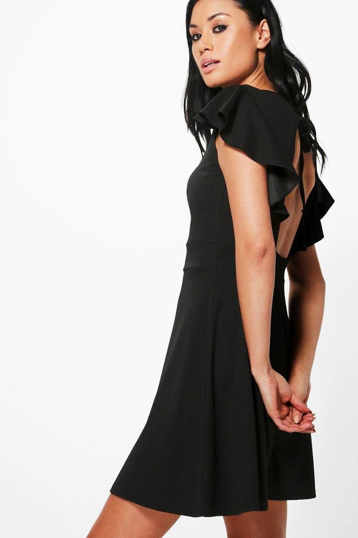 Boohoo Dahlia Frill Sleeve Open Back Skater Dress Black