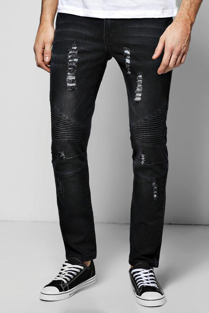 Boohoo Skinny Stretch Rip & Repair Biker Jeans Black