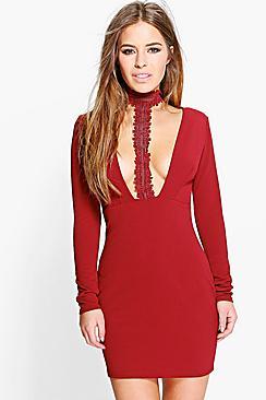 Boohoo Petite Sofia Lace Choker Plunge Bodycon Dress