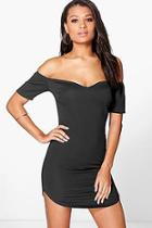 Boohoo Ria Of The Shoulder Curved Hem Bodycon Dress