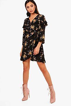 Boohoo Floral Angel Sleeve Woven Tea Dress