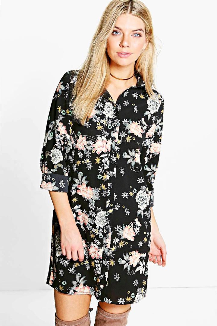 Boohoo Khloe Floral Oriental Split Sleeve Shirt Dress Black