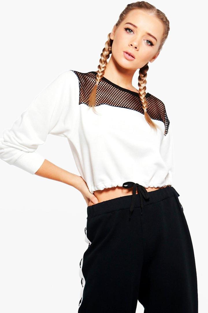 Boohoo Ellie Sports Mesh Drawstring Sweatshirt White