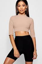 Boohoo Rib 3/4 Sleeve High Neck Crop