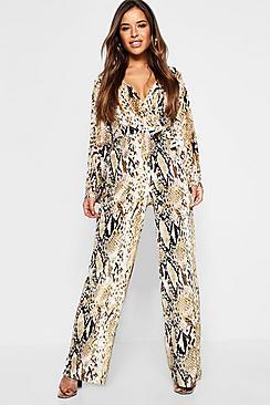 Boohoo Petite Snake Print Velvet Tie Waist Jumpsuit