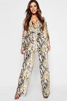 Boohoo Petite Snake Print Velvet Tie Waist Jumpsuit