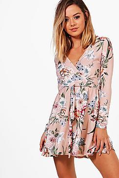 Boohoo Petite Charlie Floral Long Sleeve Wrap Skater Dress