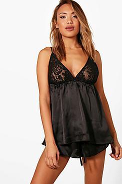 Boohoo Megan Satin And Lace Trim Cami And Short Set