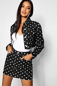 Boohoo Polka Dot Denim Mini Skirt