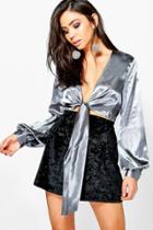 Boohoo Katherine Satin Knot Front Long Sleeve Blouse Grey