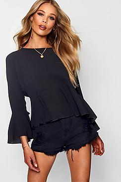 Boohoo Isabelle Ruched Sleeve Tie Front Blouse